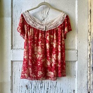 Denim & Supply Ralph Lauren Red and White Flutter Short Sleeve Top Blouse
